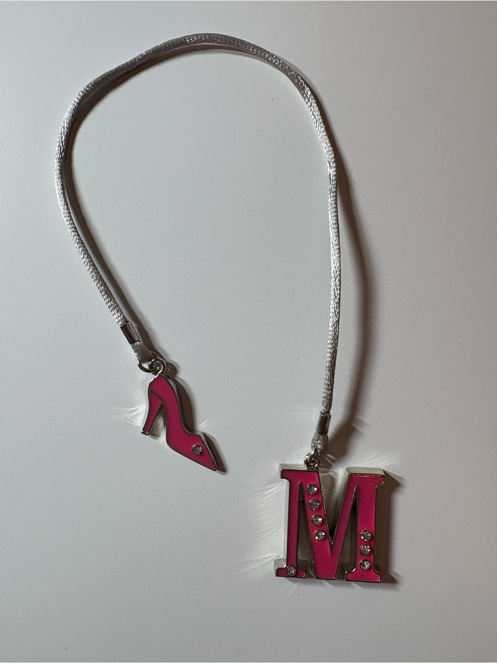 Pink Initial 'M' Pendant Necklace with High Heel Charm